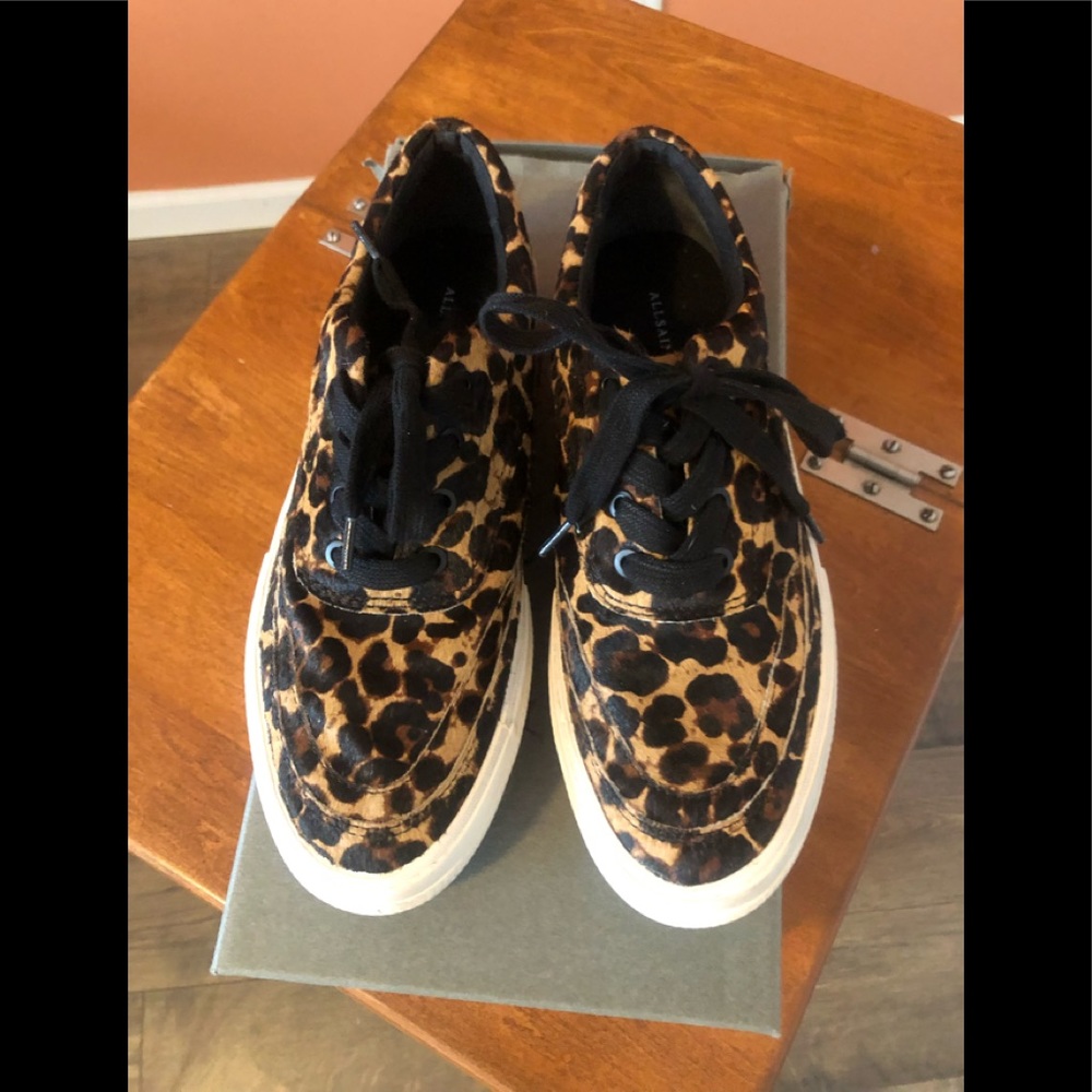 ALLSAINTS “MERCIA LEOPARD” black & tan patterned platform sneakers - Picture 4 of 10